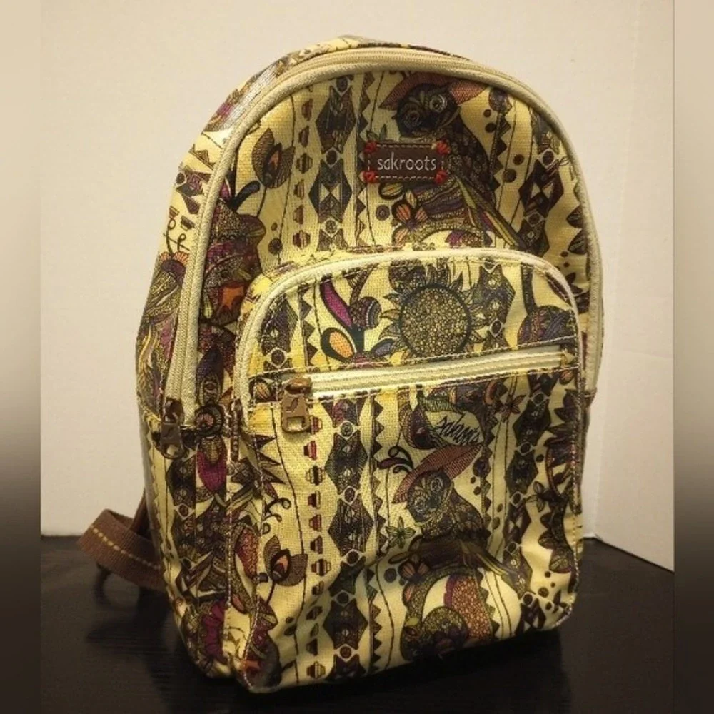 Sakroots Backpack‎ Small Tan Multi Owl Floral Festival Everyday Cute Bag
